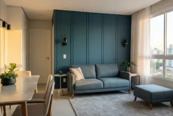 Sala de estar moderna com parede azul na decoração, sofá azul, detalhes em branco e janelas amplas que deixam entrar muita luz natural.