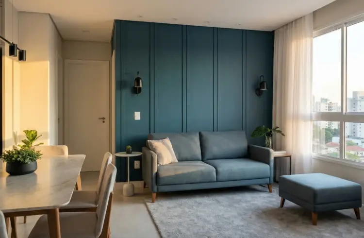 Sala de estar moderna com parede azul na decoração, sofá azul, detalhes em branco e janelas amplas que deixam entrar muita luz natural.