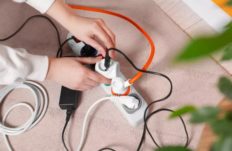 Mãos de uma mulher colocando várias tomadas interligadas e conectadas à uma extensão elétrica. Esse seria um dos hábitos perigosos em casa.