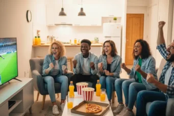 Grupo de amigos assistindo a um jogo de futebol na TV, comemorando e se divertindo juntos na sala de estar.