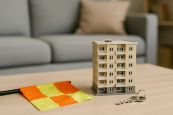 Imóvel em miniatura sobre bancada de madeira com fita métrica e chave em ambiente de sala de estar moderna, simbolizando obstáculos na conquista da casa própria.