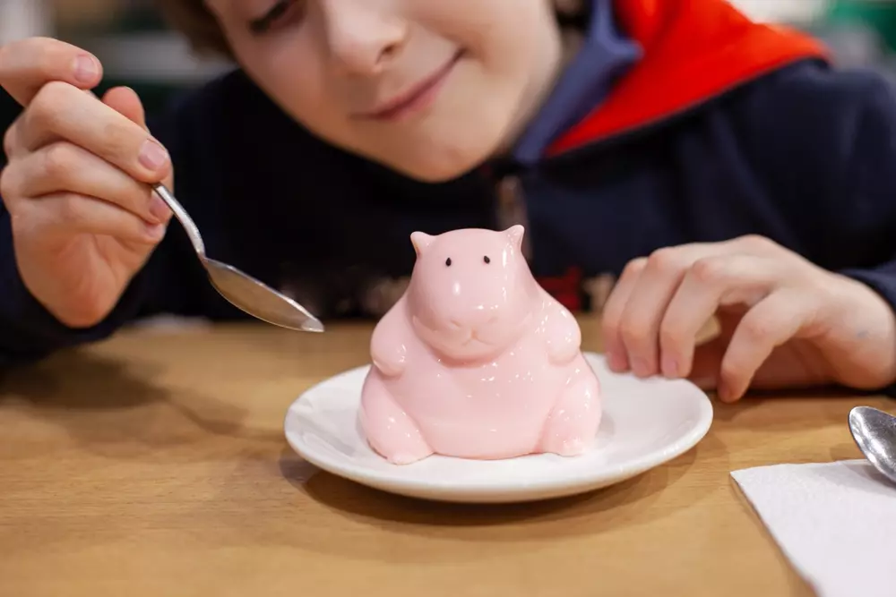 Menino apreciando decoração de capivara de cerâmica rosa, ideal para ambientes decorativos e temáticos de capivara decór.