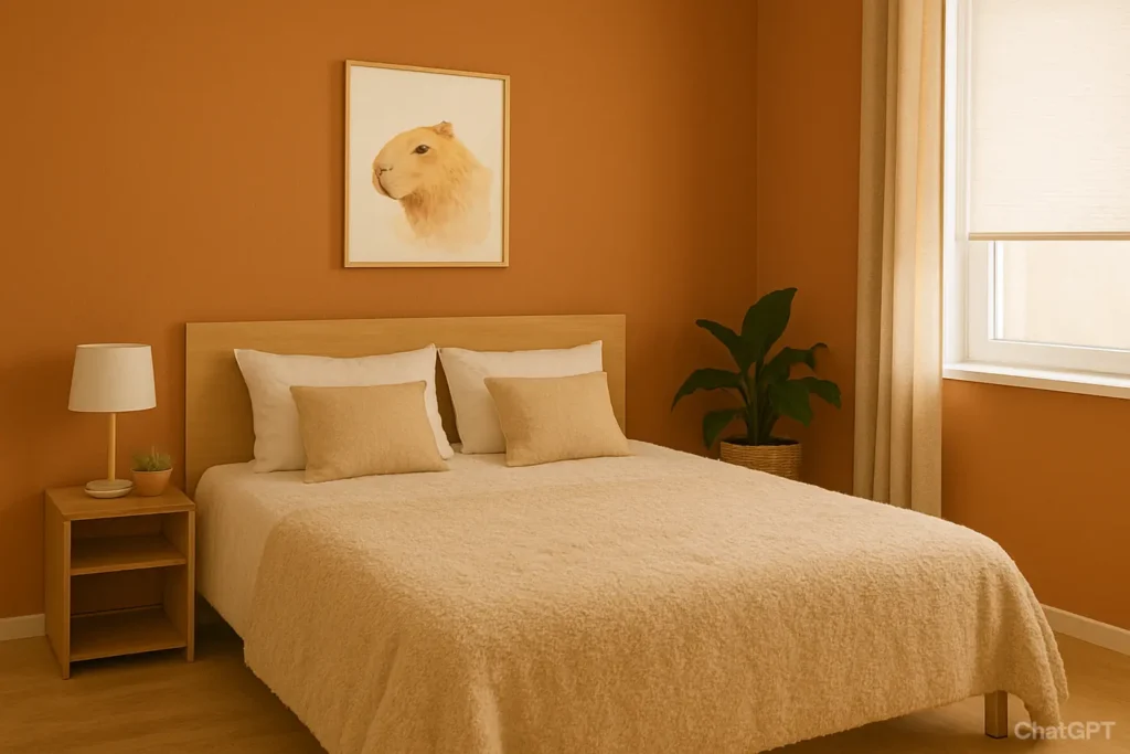 Quarto aconchegante com paredes em tom de terracota, cama confortável com roupa de cama bege, duas mesinhas de cabeceira com luminárias e uma planta ao lado da janela.