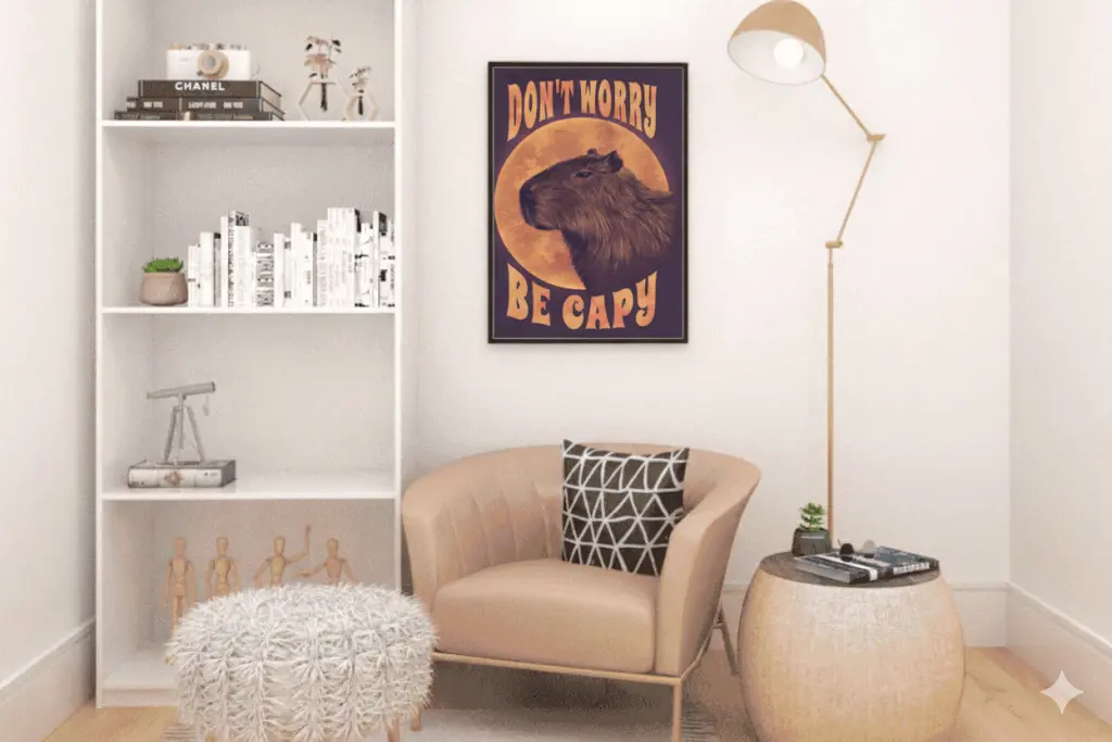 Decoração de interior com tema de capivara, incluindo uma parede com quadro 'Don't Worry Be Capy', sofá confortável, iluminação moderna e elementos decorativos. Ideal para quem busca capivara décor na decoração.
