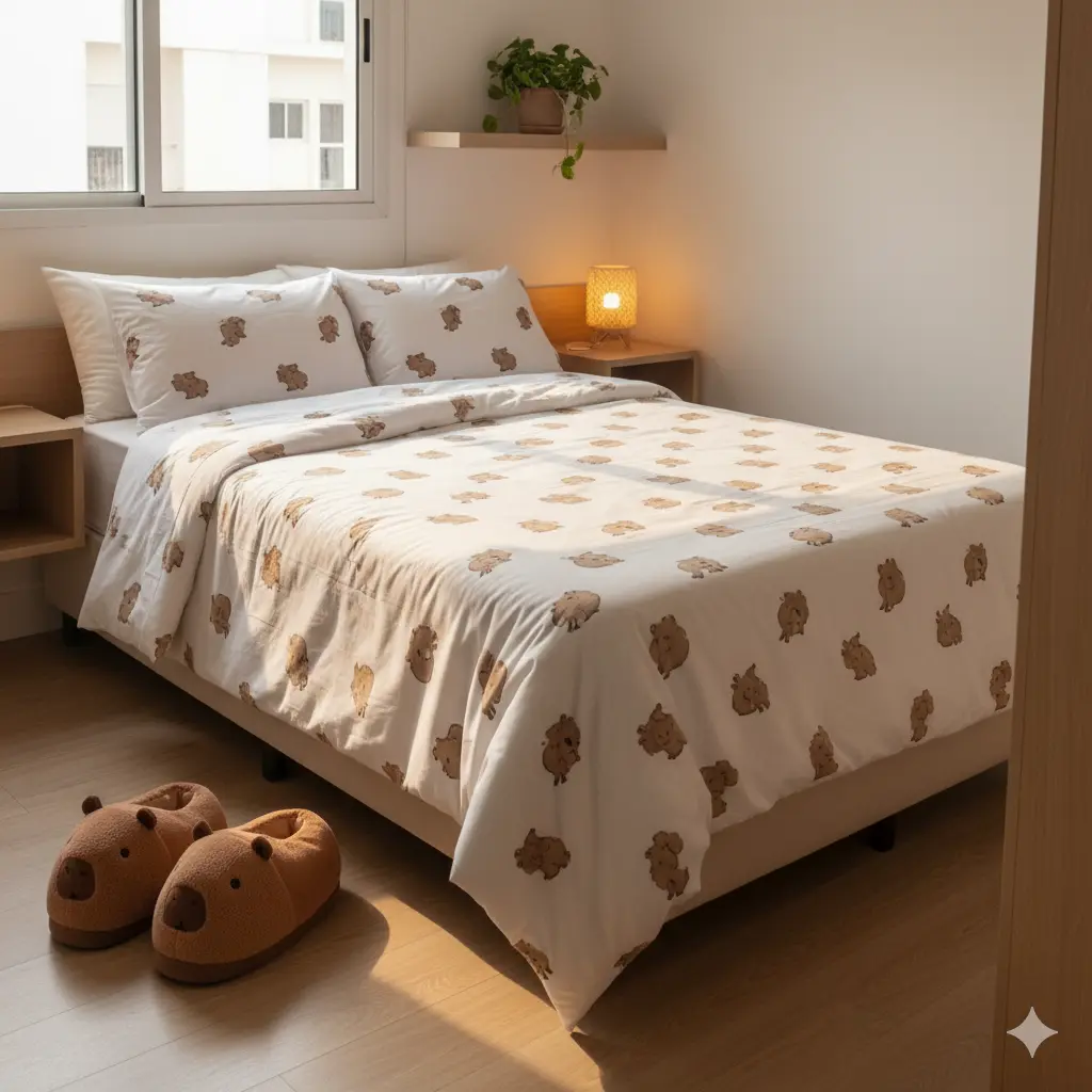 Quarto aconchegante com cama de roupas de cama brancas com estampa de pequenas capivaras, iluminado por luminária de cabeceira, com piso de madeira e varanda com janelas ao fundo.