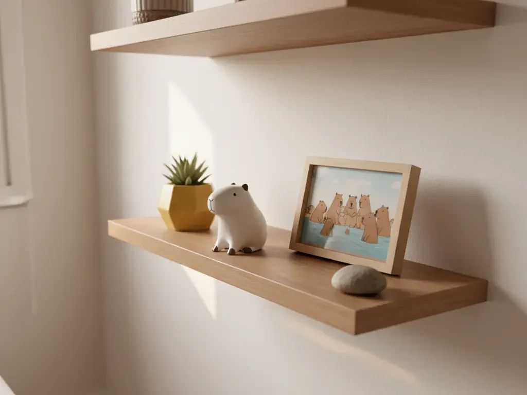 	
Decoração com capivara decor, prateleira de madeira com objetos decorativos e uma foto de ursos na moldura, ideal para ambientes aconchegantes.