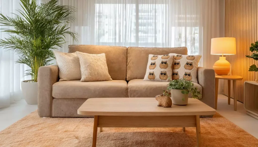Decoração de sala moderna com almofadas temáticas de capivara, sofá bege, painel de madeira, e iluminação aconchegante, ideal para quem busca dicas de capivara décor.