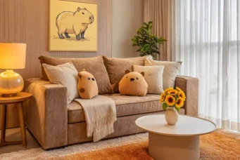 Sala de estar decorada com almofadas de capivara, quadro de capivara na parede, além de uma planta, luminária e vaso de girassol que valorizam o capivara decor