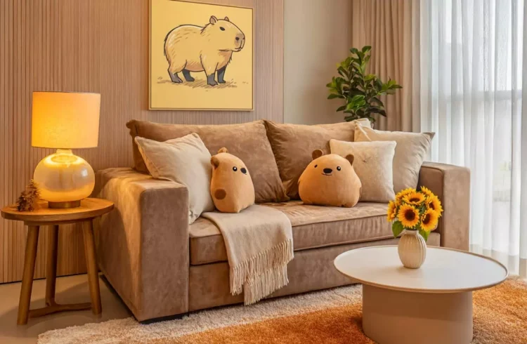 Sala de estar decorada com almofadas de capivara, quadro de capivara na parede, além de uma planta, luminária e vaso de girassol que valorizam o capivara decor