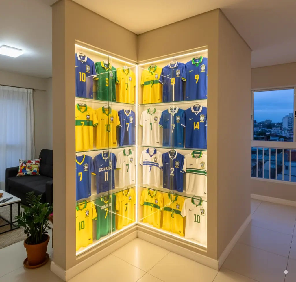 Estante envidraçada com camisas de futebol brasileiras, destacando uniformes de diferentes cores