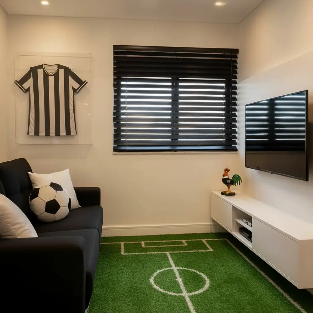 Sala de estar decorada com tema de futebol, com tapete verde que lembra um campo, uma camisa detime na parede, objetos de futebol na decoração e uma televisão, ideal para fãs de futebol na decoração.