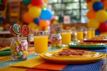Mesa posta de Dia das Crianças decorada com pratos coloridos, sucos de laranja, doces, balões e enfeites festivos, criando um ambiente alegre para comemoração infantil.