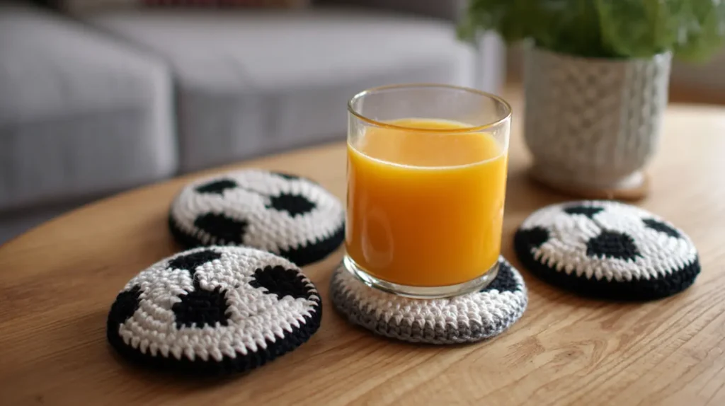 Copo de suco de laranja fresco ao lado de porta-copos de crochê inspiradas em bola de esporte.