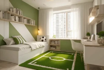 Quarto decorado com tema de futebol na decoração, incluindo um tapete de campo de futebol, cores verdes e elementos que refletem paixão pelo esporte.