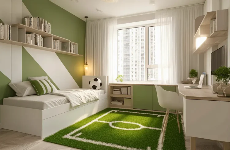 Quarto decorado com tema de futebol na decoração, incluindo um tapete de campo de futebol, cores verdes e elementos que refletem paixão pelo esporte.