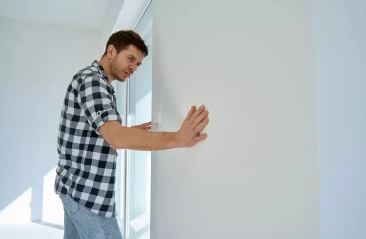 Homem verificando a parede para garantir a integridade estrutural de uma construção, destacando a importância da garantia estrutural em obras.