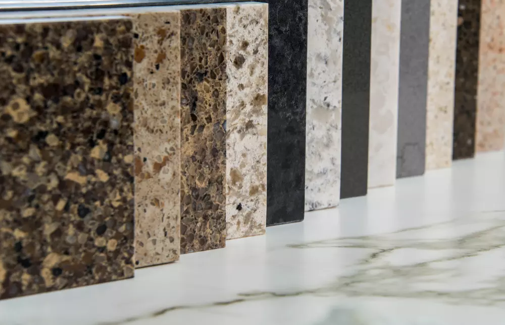 Mostruário de diferentes tipos de granito em várias cores e texturas, ideal para revestimentos e bancadas de cozinha.