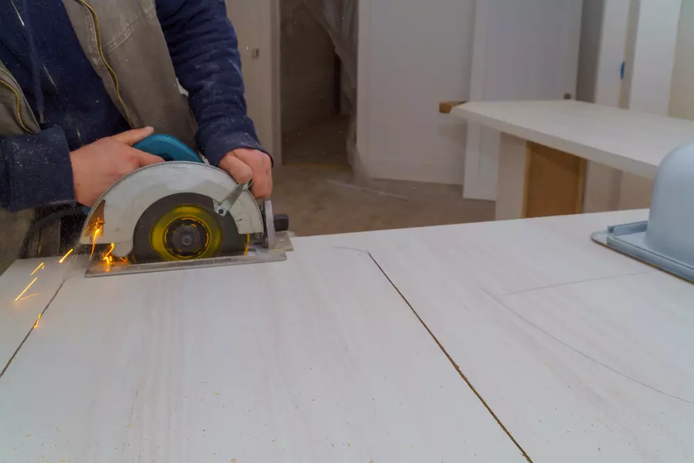 Pessoa usando serra portátil para cortar madeira durante trabalho de construção ou marcenaria, com foco na ferramenta e na lâmina em ação.