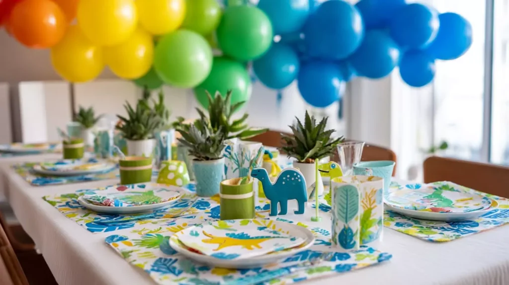 Mesa com utensílios coloridos e decoração temática infantil com balões em várias cores ao fundo