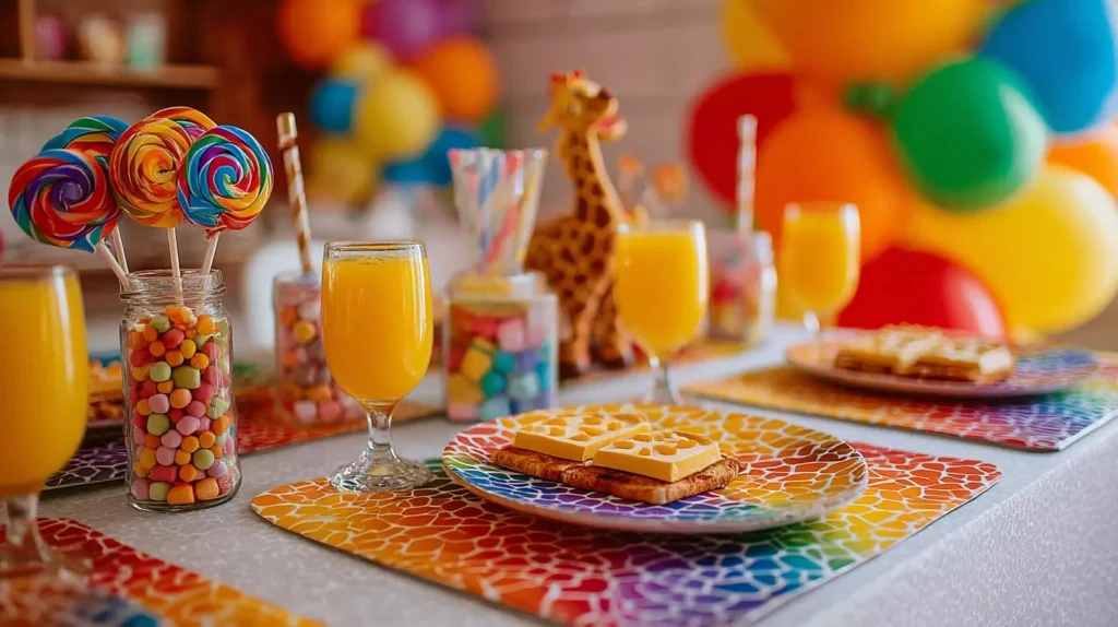 Mesa posta de Dia das Crianças decorada com utensílios coloridos, sucos, doces, e festa temática infantil com balões e brinquedos, ideal para comemoração.
