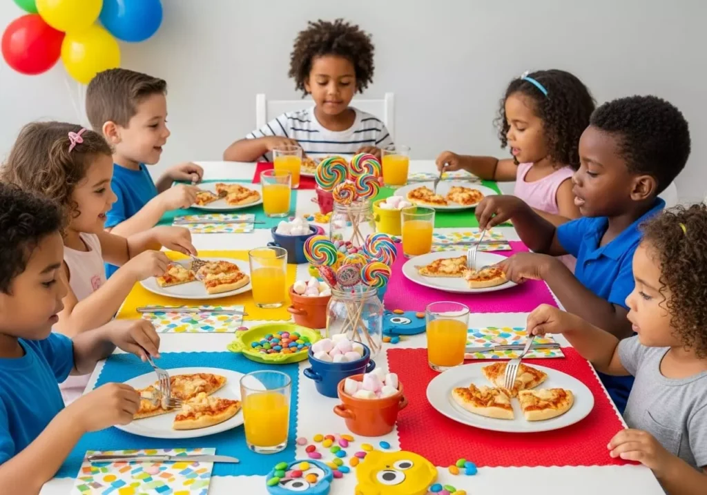 Crianças curtindo uma mesa posta de Dia das Crianças com pizza, suco e decoração colorida com balões e doces, celebrando a data de forma divertida.