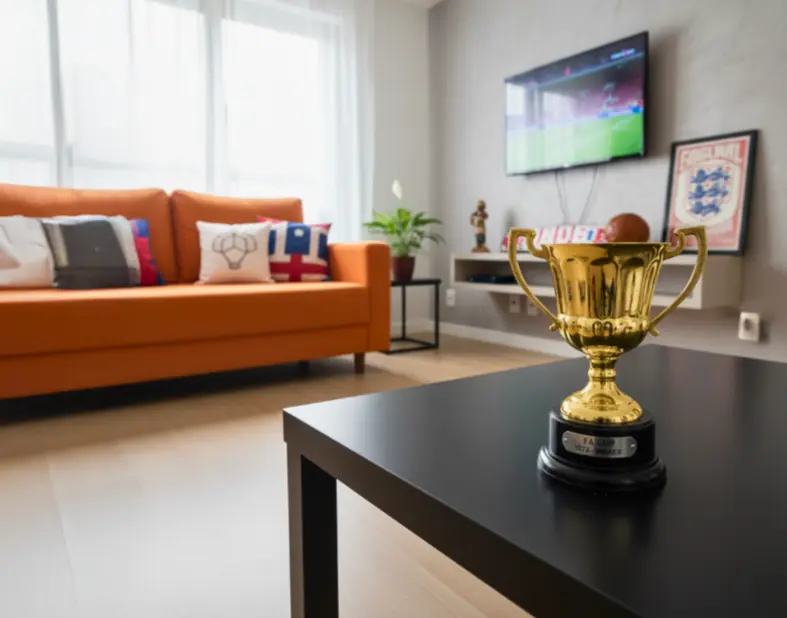 Decoração de sala com objetos relacionados a futebol, incluindo um troféu dourado em destaque na mesa, sofá laranja com almofadas temáticas e televisão na parede.