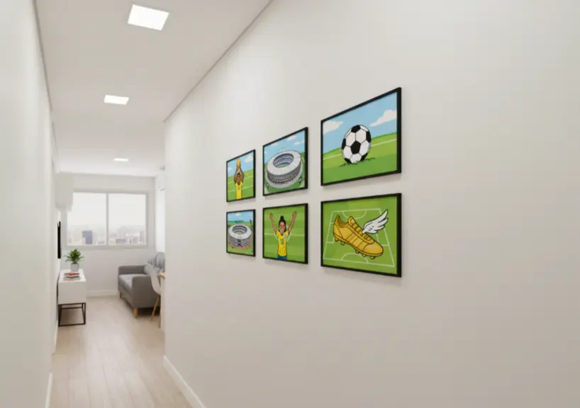 Quadros decorativos com tema de futebol na decoração de uma parede de sala moderna, incluindo imagens de bola, chuteira e elementos relacionados ao esporte.
