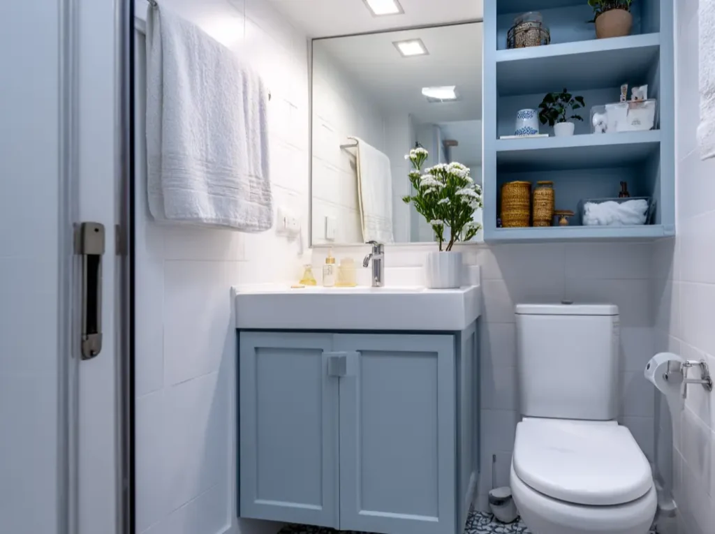 Banheiro moderno com pia azul clara, prateleiras decorativas e vaso sanitário branco