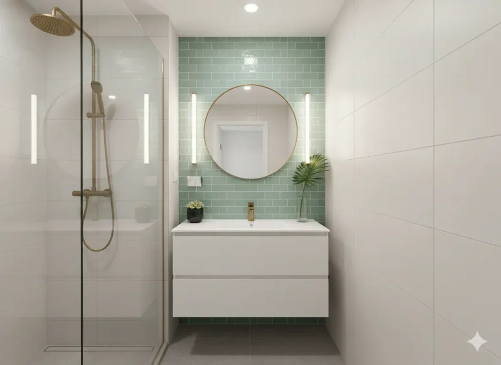 Banheiro moderno com espelho redondo, parede revestida com azulejos verdes, pia branca com gavetas, iluminação vertical ao lado do espelho, decoração com plantas, iluminação clara e espaço compacto