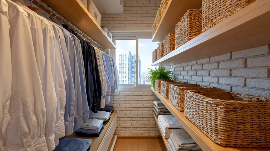 Organização de closet com roupas arrumadas e cestos de armazenamento em prateleiras de madeira, iluminação natural e vista para prédios urbanos.