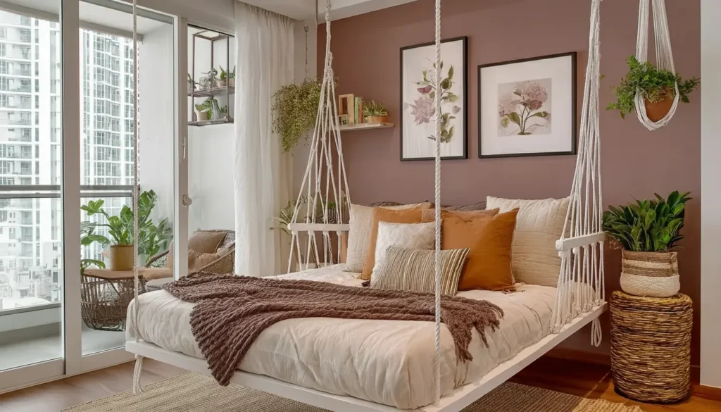 Cama suspensa no quarto aconchegante com decoração moderna, almofadas, plantas, e rede de descanso, ideal para ambientes relaxantes e sofisticados.