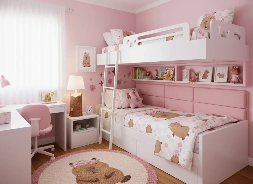 Quarto de menina decorado com tema de capivaras,  iluminação suave e decoração fofa em tons de rosa, ideal para quartos infantis.