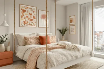 Quarto aconchegante com cama suspensa por cordas e decorada com almofadas, ao lado de janela com cortina branca e parede decorada com quadros.