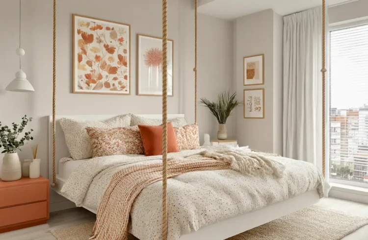 Quarto aconchegante com cama suspensa por cordas e decorada com almofadas, ao lado de janela com cortina branca e parede decorada com quadros.