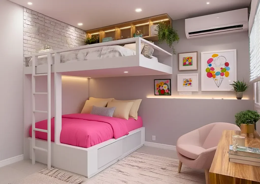 Cama suspensa em mezanino com espaço de armazenamento, decorada com plantas e arte moderna, ideal para otimizar espaços em quartos pequenos.