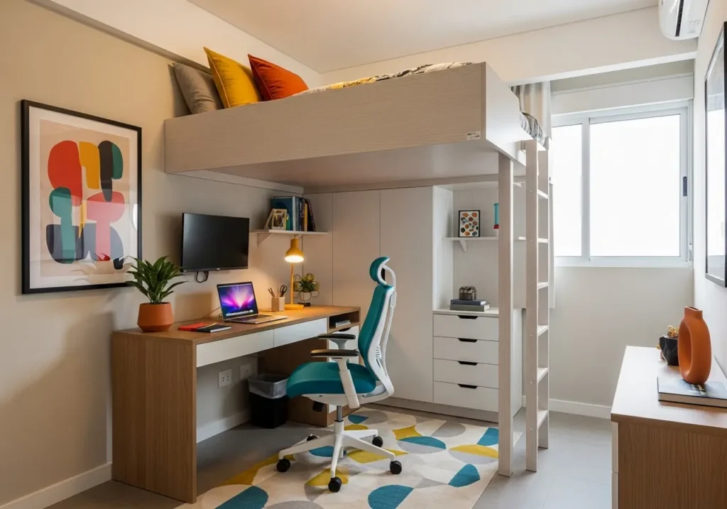 Um com quarto com uma cama estilo mezanino, incluindo uma área de trabalho com mesa, cadeira ergonômica, TV, estantes e um espaço superior com cama, decoração moderna e iluminação natural.