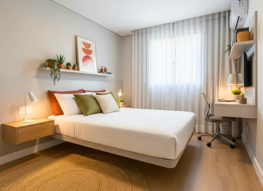 Quarto com cama suspensa na parede, decoração moderna com almofadas coloridas e uma área de estudo com mesa e cadeira, ambiente iluminado com luz natural.