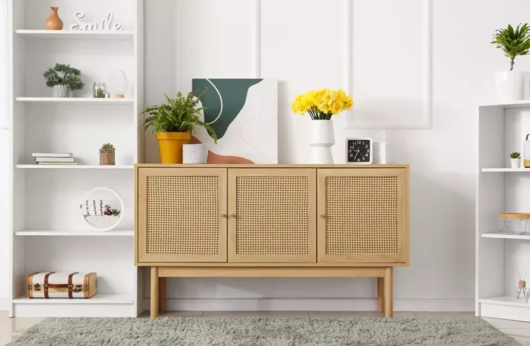 Decorativo armário de madeira claro com portas de palhinha indiana, cercado por prateleiras brancas com plantas, livros e objetos decorativos, em ambiente moderno e clean.