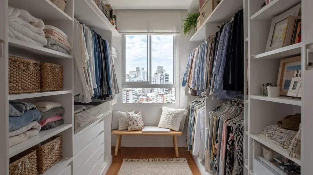 Armário organizado com roupas e acessórios em closet com vista para a cidade ao fundo.