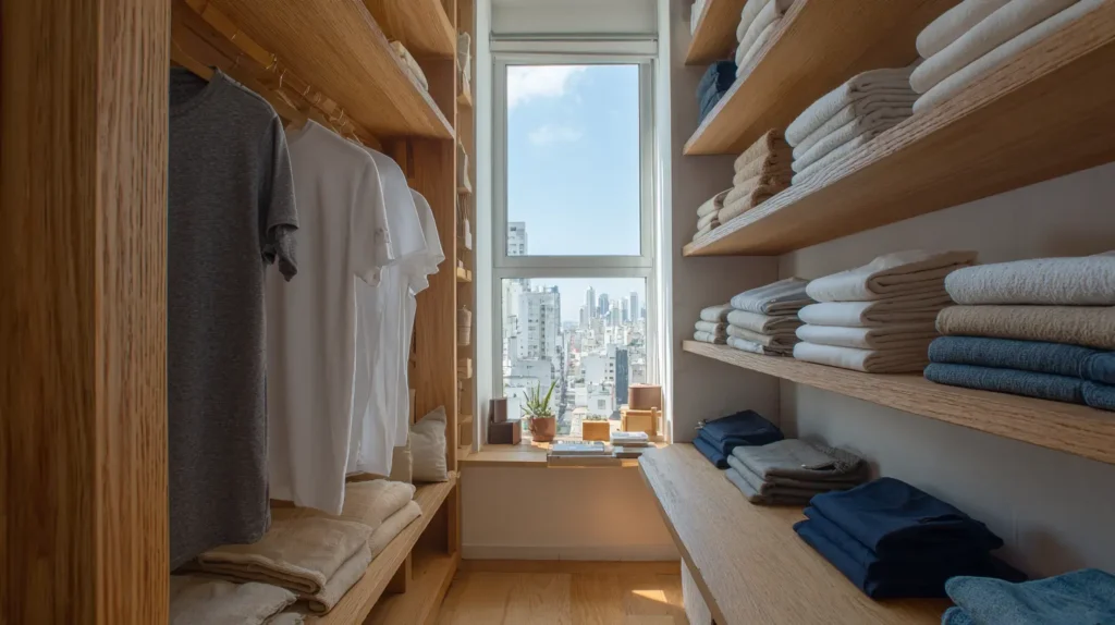 Armário organizado com roupas de cama e vestuário ao lado de uma grande janela em um apartamento urbano, proporcionando iluminação natural e vista da cidade.