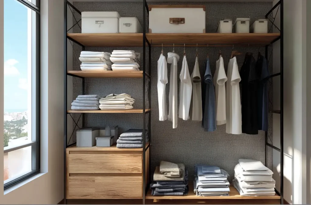 Organização de armário com roupas brancas e pretas em ambiente bem iluminado, com detalhes de móveis de madeira e decoração moderna.