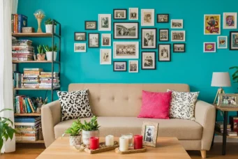 Decoração cluttercore com parede de quadros decorativos, sofá bege com almofadas coloridas, prateleira cheia de livros, e plantas na sala aconchegante