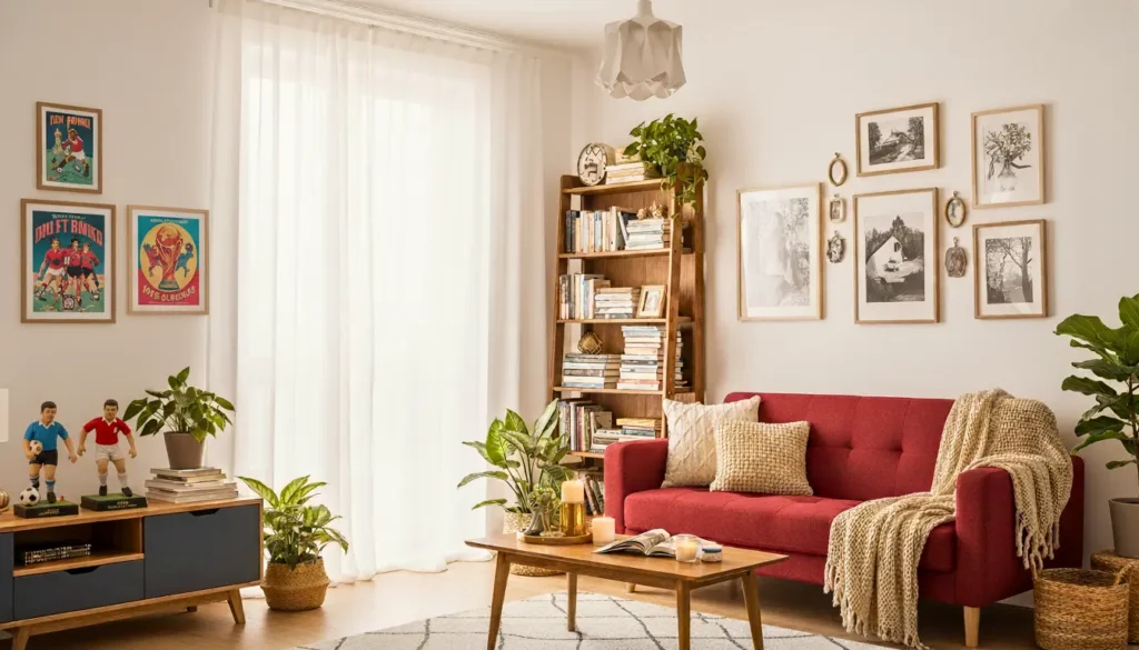 Decoração de sala com estilo cluttercore, com objetos vintage, quadros decorativos, plantas, sofá vermelho e uma estética aconchegante e despojada.