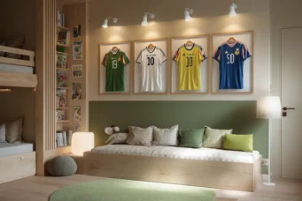 Decoração de quarto infantil com paredes verdes, armário de livros, cama confortável e quadros com camisas de times de futebol