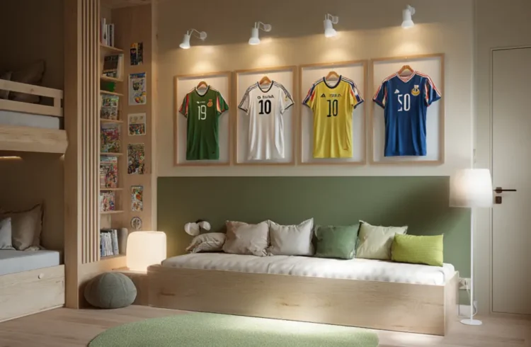 Decoração de quarto infantil com paredes verdes, armário de livros, cama confortável e quadros com camisas de times de futebol