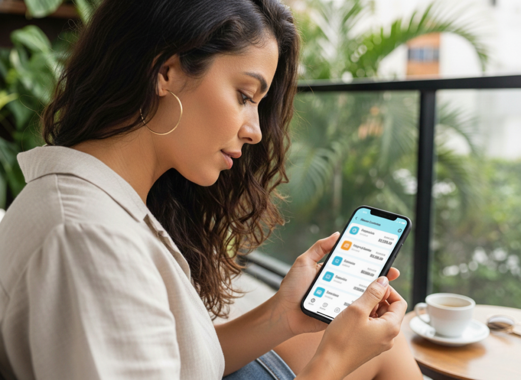 Mulher acessando aplicativo financeiro no smartphone, ilustrando como aplicar o conceito de pagar-se primeiro na prática.