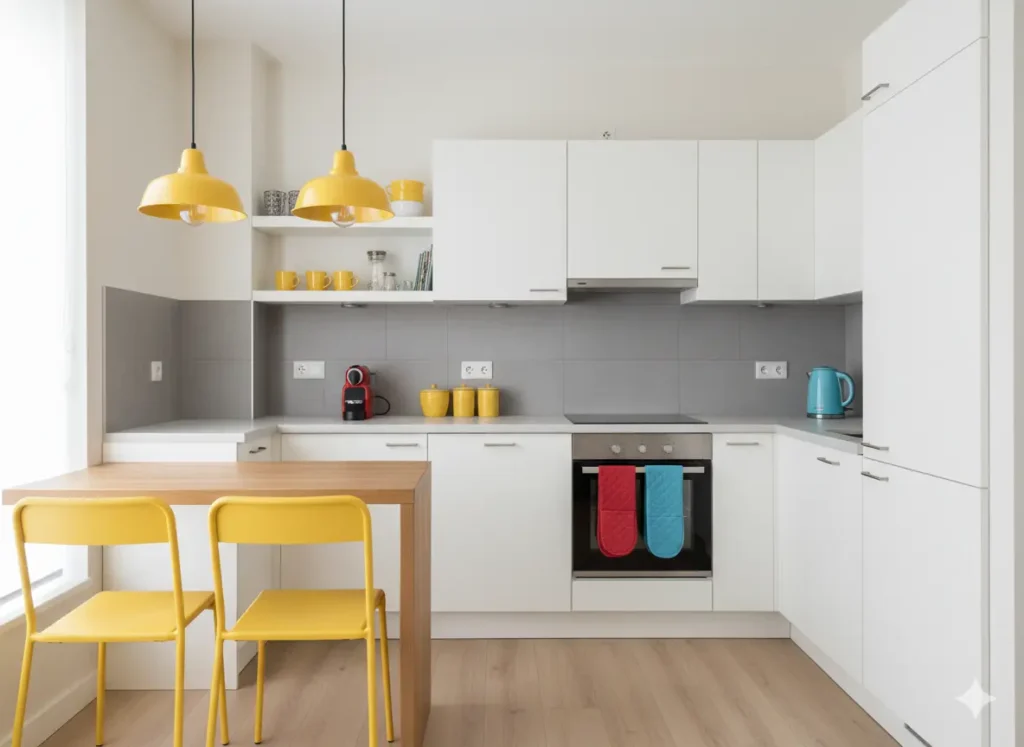 uma cozinha moderna com armários brancos, utensílios amarelos, detalhes em vermelho e azul, e uma bancada de madeira