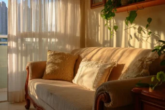 Sofá clássico com almofadas de veludo em uma sala charmosa, decorada com cortinas de voal e plantas penduradas