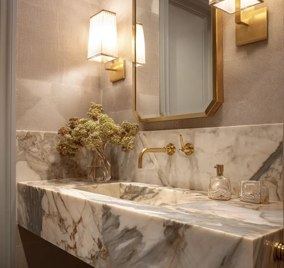 Banheiro luxuoso com pia de mármore, espelho de moldura dourada, iluminação elegante e decoração com vasos de flores
