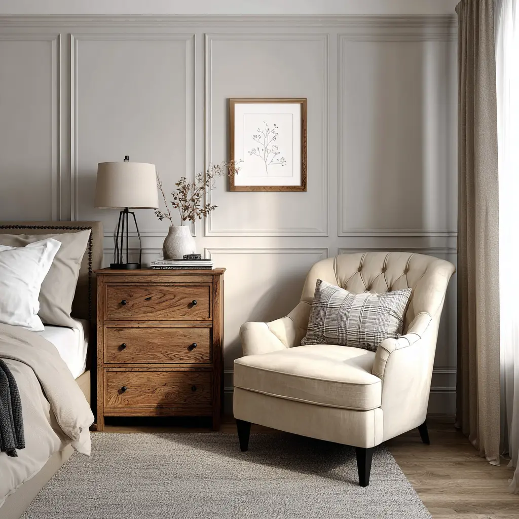 Quarto aconchegante com decoração clássica, cama de casal, cômoda de madeira, cadeira de leitura bege com almofada, luminária de mesa e decorativo quadro na parede